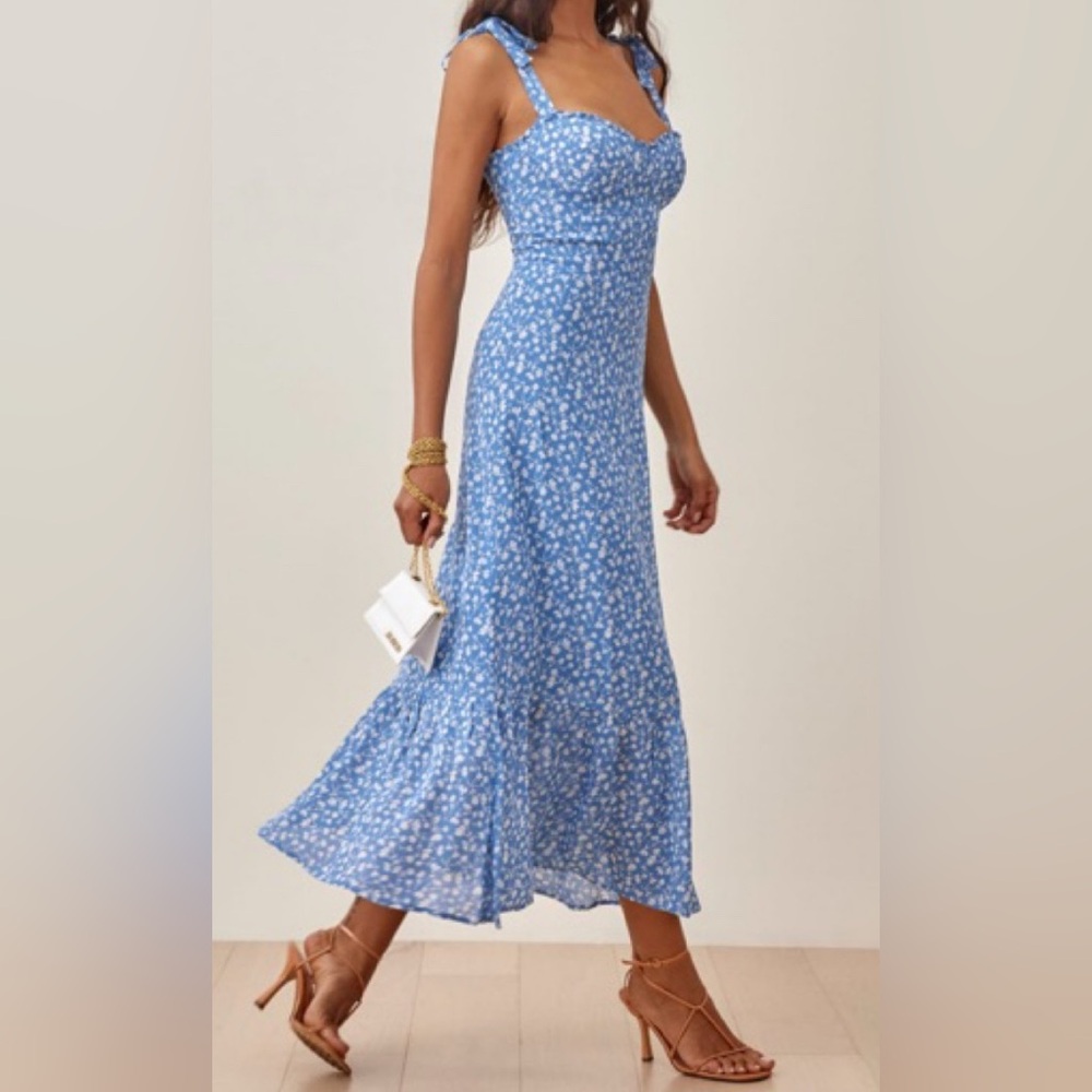 Reformation Blue and White Midi Dress | Nikita | Size 6